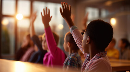 Naklejka premium Group of schoolchildren raising their hands in a classroom during a lesson. 