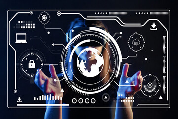 Abstract representation of a person interacting with futuristic digital interface featuring global connectivity, technology icons, and data visualizations