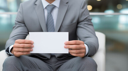 Naklejka premium Businessman in a gray suit holding a blank white card or paper in a corporate setting. 