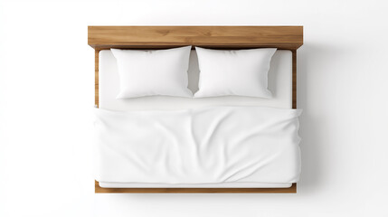 Obraz premium Top view of a neatly made wooden bed with white bedding and two pillows on a white background. 