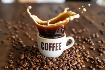 Coffee Splash with Beans on Wooden Table