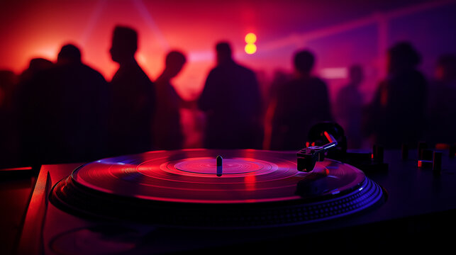 Turntable playing vinyl in a vibrant nightclub with colorful lights and dancing crowd.  
