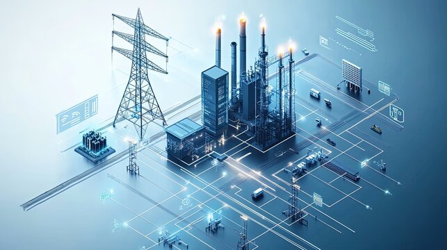 Future energy infrastructure visualizing smart grids showing towers and industrial plants with blue