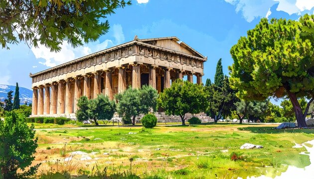 Ancient Agora Athens Hephaistos Temple in vibrant scenic landscape style
