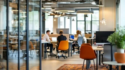 Wide-angle shot of a modern office with a focus on collaboration. The video captures a vibrant workspace with glass walls and colorful chairs. Live desktop wallpaper. - Powered by Adobe