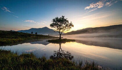 lone tree reflected in the still waters of a foggy lake at sunrise
