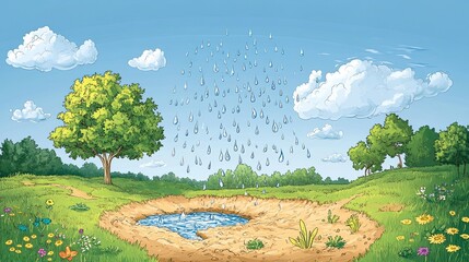 A refreshing rain shower nourishes a vibrant landscape bringing life to a small pond under fluffy