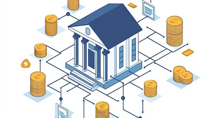 A connected digital financial ecosystem with a strong central bank distributing wealth isometric