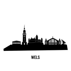 Wels with Austria Skyline Silhouette Black.