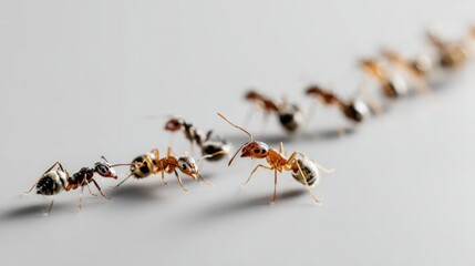 Ants in a Line: A close-up perspective reveals a line of ants, each a miniature marvel of nature, diligently following a path in a seamless demonstration of teamwork and determination.