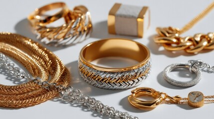 Jewelry Treasures: A radiant collection of gold and silver jewelry items including rings, necklaces, and bracelets on display, reflecting opulence and glamour. 