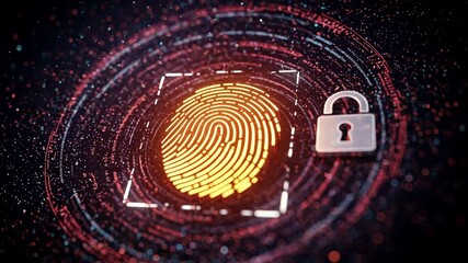 Digital fingerprint scanner interface with security lock icon representing secure identity verification and biometric protection systems - Powered by Adobe