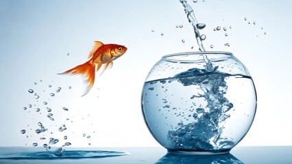 Goldfish leaping out of a small bowl into a larger one
