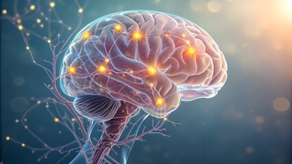 Illustration of a human brain with illuminated neural pathways, representing cognitive processes and neurological functions.