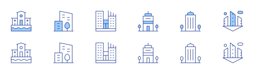 City icon set in two styles, Duotone and Thin Line style. Editable stroke. city, office, skyscraper, building
