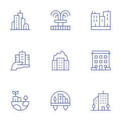 City icons set. Thin Line style, editable stroke. building, fountain, city, buildings, office building, sustainable