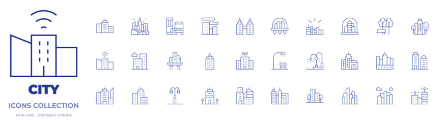 Fototapeta premium City icons collection. Thin Line icons, editable stroke. lamppost, building, architecture and city, city, smart city, city building
