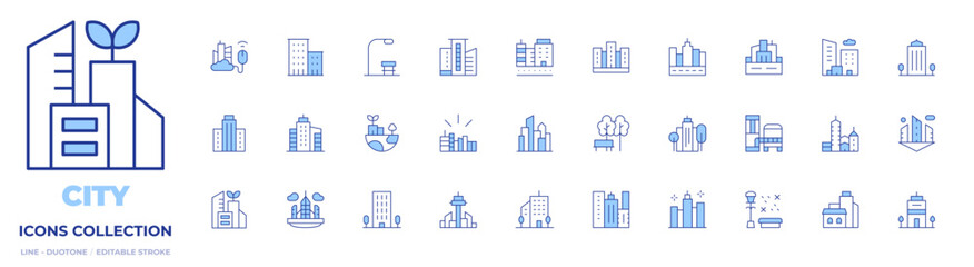 City icons collection. Line Duotone style, editable stroke. office, skyscraper, city, floating island, apartments, buildings, sustainable, office building, flat, architecture and city