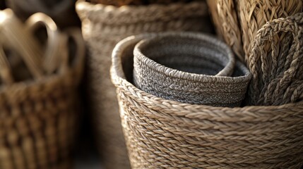 Obraz premium Harmonious Textures: Woven Baskets Displaying Craftsmanship and Natural Tones