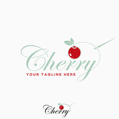 Logo design graphic concept creative premium vector stock image top sell text Cherry script font fruit agrculture leaves berry to sweet sewing thread