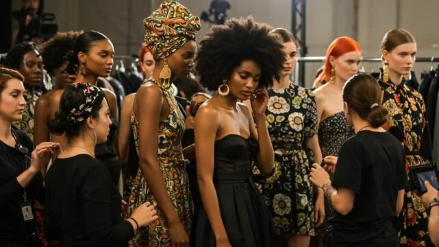 Models backstage preparing for a fashion show appearance