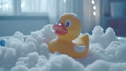 Yellow duck toy in a bath of suds