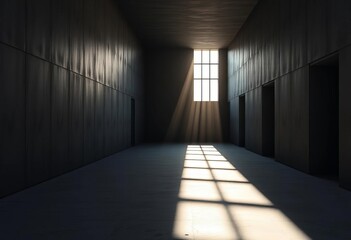 Sunlit abstract hall, dark grey concrete, modern architecture, shadows play across empty space, sunlit, empty