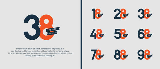 set of anniversary logo flat black and orange color with ribbon for celebration moment