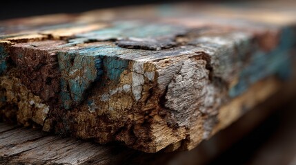 Fototapeta premium Weathered wood plank with textures, cracks, and blue paint remnant closeup