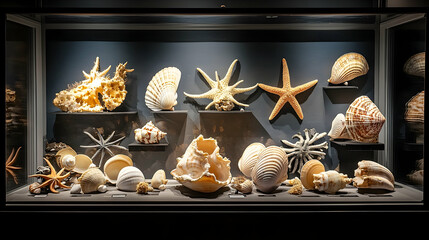 Display of various seashells and starfish in a museum exhibit.
