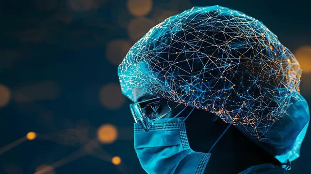 A medical professional in scrubs and mask with a digital neural network overlay, symbolizing medicine and artificial intelligence integration. - Powered by Adobe