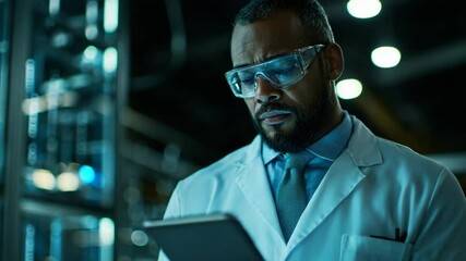 A scientist in a laboratory coat and safety glasses is using a digital tablet in a high-tech laboratory setting. - Powered by Adobe