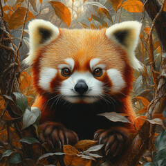 Obraz premium Red panda in leaves, gazing curiously.