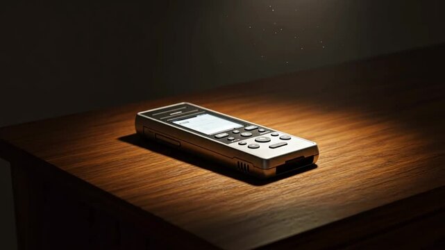 Retro cellphone on a wooden table in a dark room under spotlight