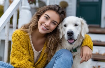 A young woman in her thirties, wearing jeans and yellow cardigan with white t-shirt underneath is sitting on the front steps of an elegant house