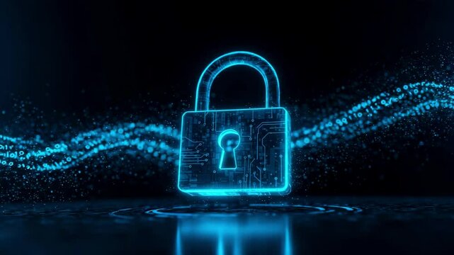Blue digital security lock with dynamic particles floating around symbolizing internet safety, data privacy, and advanced network security systems