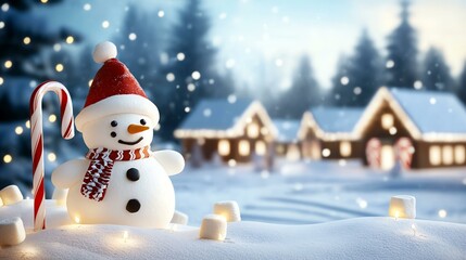 Fototapeta premium holiday decorations santa christmas A cheerful snowman stands in a snowy landscape, surrounded by holiday spirit with cozy cottages in the background.