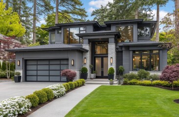 A modern house with gray walls, large windows, and an exterior garage door is located in the city