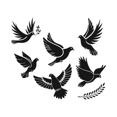 Flying Doves Silhouettes, Pigeon Collection, Birds in Flight Icons, Peace Doves Set, Black and White Birds