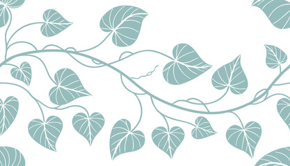 Fototapeta premium Elegant vine and heart-shaped leaf illustration in soft blue on white background. Delicate botanical line art perfect for textiles, wallpapers, or nature-themed graphic designs.