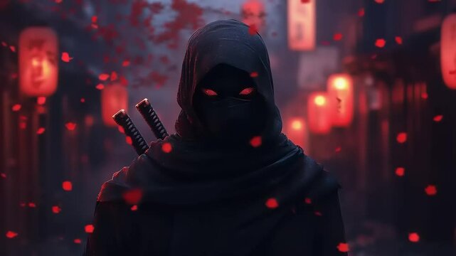Mysterious ninja figure in a dark alley adorned with floating cherry blossoms and lanterns
