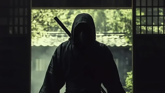 Mysterious ninja figure standing in a traditional Japanese doorway, shrouded in mist and shadow