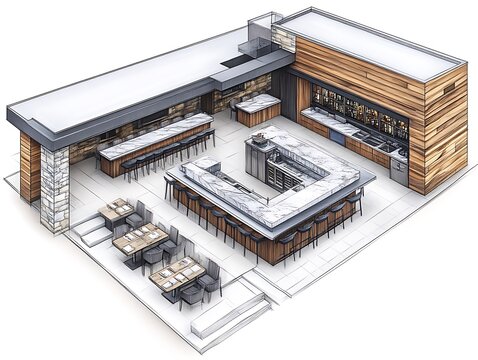 An isometric architectural rendering showing the layout of a modern restaurant