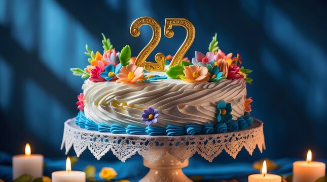 Festive 22nd Birthday Cake: A vibrantly decorated cake celebrates a 22nd birthday with elegance, featuring colorful floral arrangements, intricate frosting, and glowing candles.