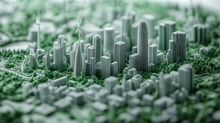 Miniature Green City Displaying Urban Buildings And Wind Turbines