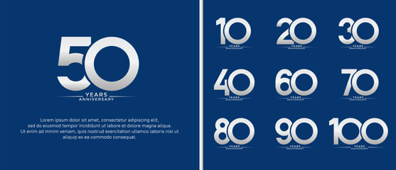 set of anniversary logo flat silver color on blue background for celebration moment