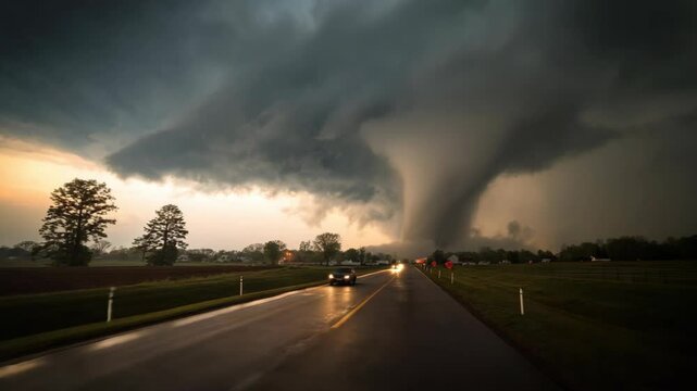 scarry nature calamity scene, view from car on the road with a colossus tornado at in front of them