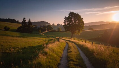 Obraz premium Rural landscape in late summer. Rural landscape with a path, trees and meadows on hills