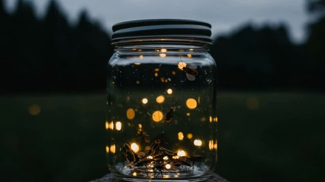 Fireflies glowing inside a glass jar at night in a rural setting