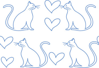 Cute cat and heart pattern in minimal line art style. Repeating seamless design ideal for pet-themed products and Valentine’s crafts. Soft blue outline perfect for modern use.